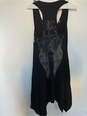 2000’s Y2K Graphic Black Tank Dress with Rhinestone Studded Angel Wings